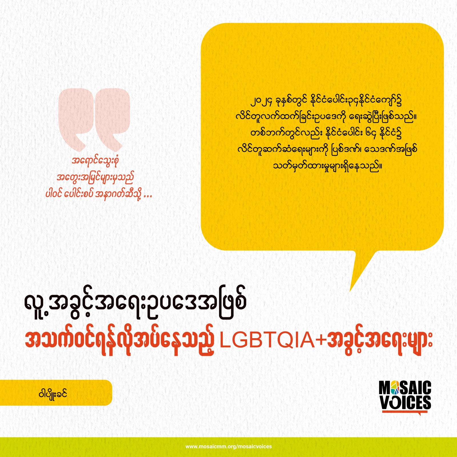 တန်းတူညီမျှမှုအတွက် လူ့အခွင့်အရေးဥပဒေအဖြစ် အသက်ဝင်ရန် လိုအပ်နေသည့် LGBTQIA+ အခွင့်အရေးများ